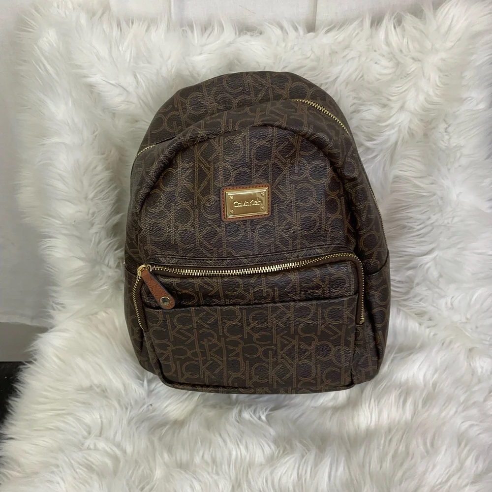 Calvin Klein Women's Medium Brown Monogram Faux Leather Backpack
